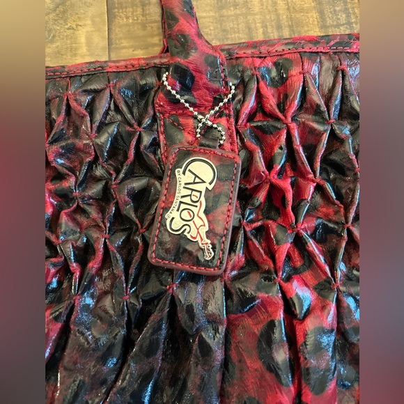 Carlos Purse Tote Hand Bag Red Black Leopard Print Faux Leather - Picture 2 of 6